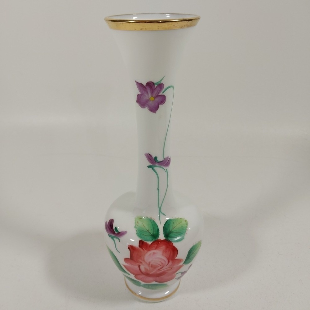 Enesco Japan Hand Painted Glass Bud Vase with Roses Violets Leaves Vintage